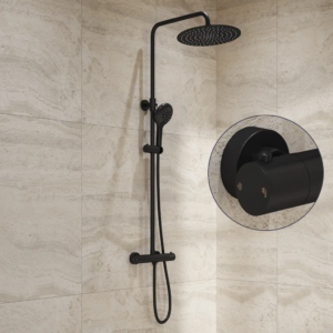 Saniclear Evolution Curved opbouw regendouche mat zwart met 30cm hoofddouche en 2 standen handdouche - Loodgieter in hengelo