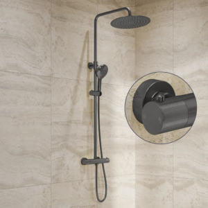 Saniclear Evolution Curved opbouw regendouche verouderd ijzer / gunmetal met 30cm hoofddouche en 2 standen handdouche - Loodgieter in hengelo