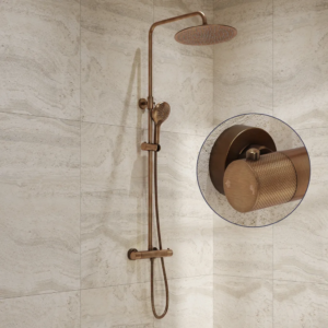 Saniclear Evolution Curved opbouw regendouche verouderd messing met 30cm hoofddouche en 2 standen handdouche - Loodgieter in hengelo