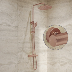 Saniclear Evolution Stripes opbouw regendouche geborsteld koper met 30cm hoofddouche en 2 standen handdouche - Loodgieter in hengelo