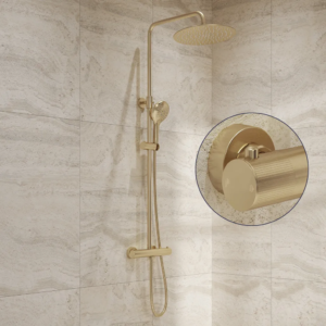 Saniclear Evolution Stripes opbouw regendouche geborsteld messing / mat goud met 20cm hoofddouche en 2 standen handdouche - Loodgieter in hengelo