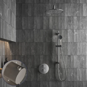 Saniclear Exclusive Stripes inbouw regendouche rond met 20cm hoofddouche, muurarm, 3 standen handdouche en glijstang RVS - Loodgieter in hengelo