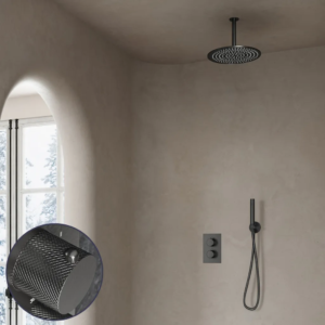 Saniclear Iron Curved inbouw regendouche met 30cm hoofddouche en plafondarm verouderd ijzer - gunmetal - Loodgieter in hengelo