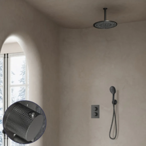 Saniclear Iron Curved inbouw regendouche met 30cm hoofddouche, plafondarm en 2 standen handdouche verouderd ijzer - gunmetal - Loodgieter in hengelo