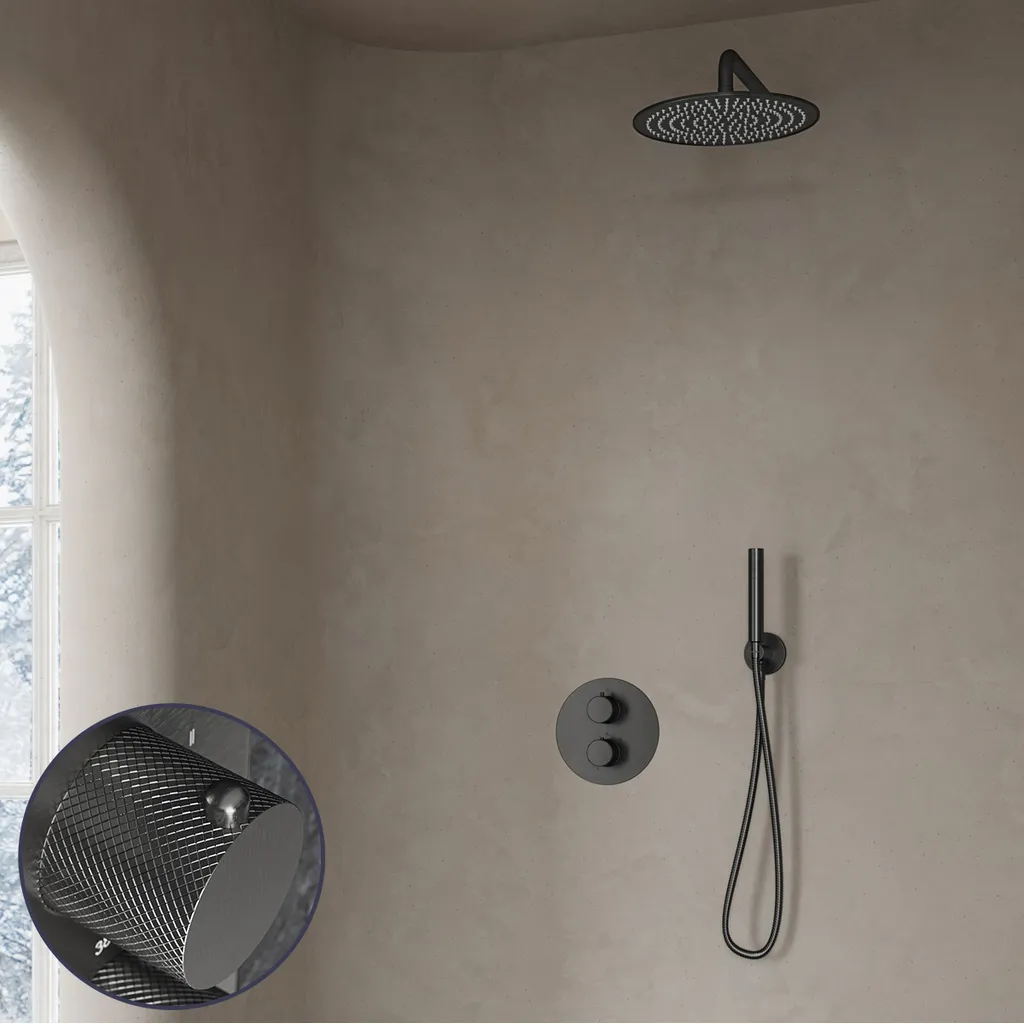 Saniclear Iron Curved inbouw regendouche rond met 20cm hoofddouche en muurarm verouderd ijzer - gunmetal - Loodgieter in hengelo
