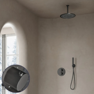 Saniclear Iron Stripes inbouw regendouche rond met 20cm hoofddouche en plafondarm verouderd ijzer - gunmetal - Loodgieter in hengelo