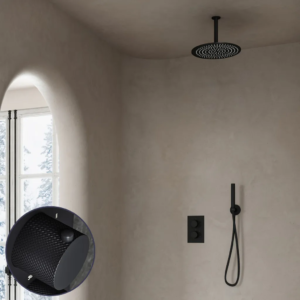 Saniclear Nero Curved inbouw regendouche met 20cm hoofddouche en plafondarm zwart mat - Loodgieter in hengelo