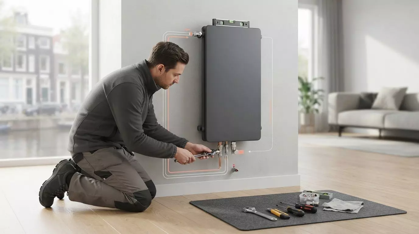 Verticale designradiator monteren en aansluiten via de onderzijde