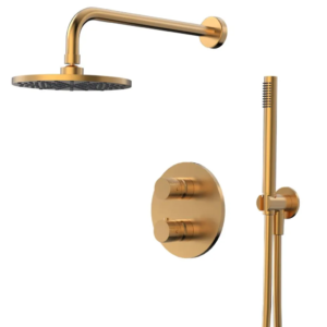 Xenz Esla - Douche inbouwset thermostatisch, goud geborsteld, incl. Tec-Box - Loodgieter in hengelo