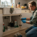 Vader maakt de gootsteen in de keuken weer vrij van verstopping